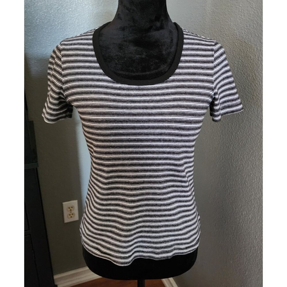Liz Claiborne Womens Top Black & White Striped Short-Sleeve Scoop Neck Small